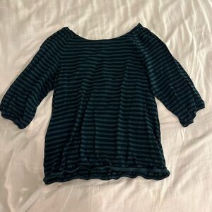 LOFT Black and Green Striped Long Sleeve Top